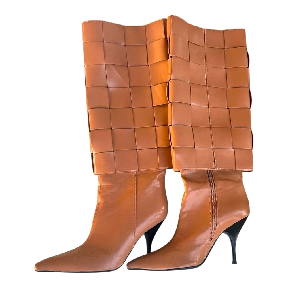 Caramel Brown Weaved Knee High Heeled Boots Size 8